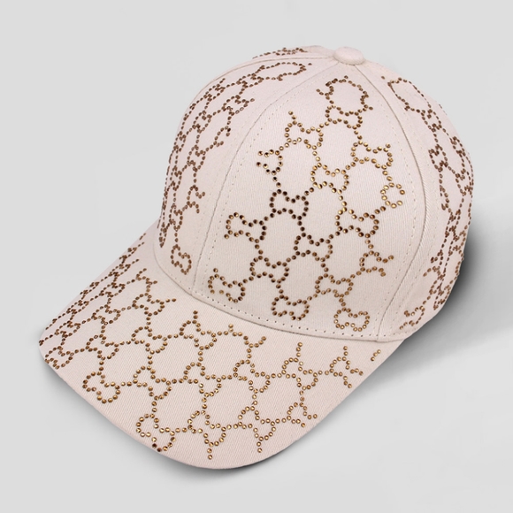 Beige Gold Rhinestone Crystal Baseball Cap Hat Fashion Patterned Brim Bling - Picture 1 of 3